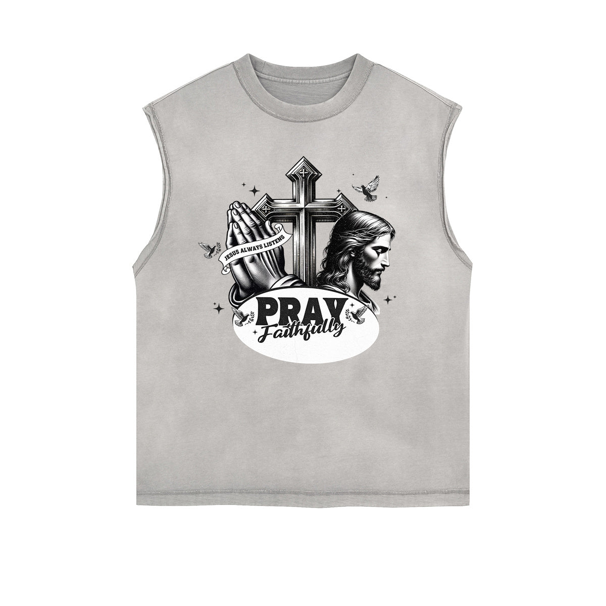 Distressed Sleeveless Jesus Pattern Tee
