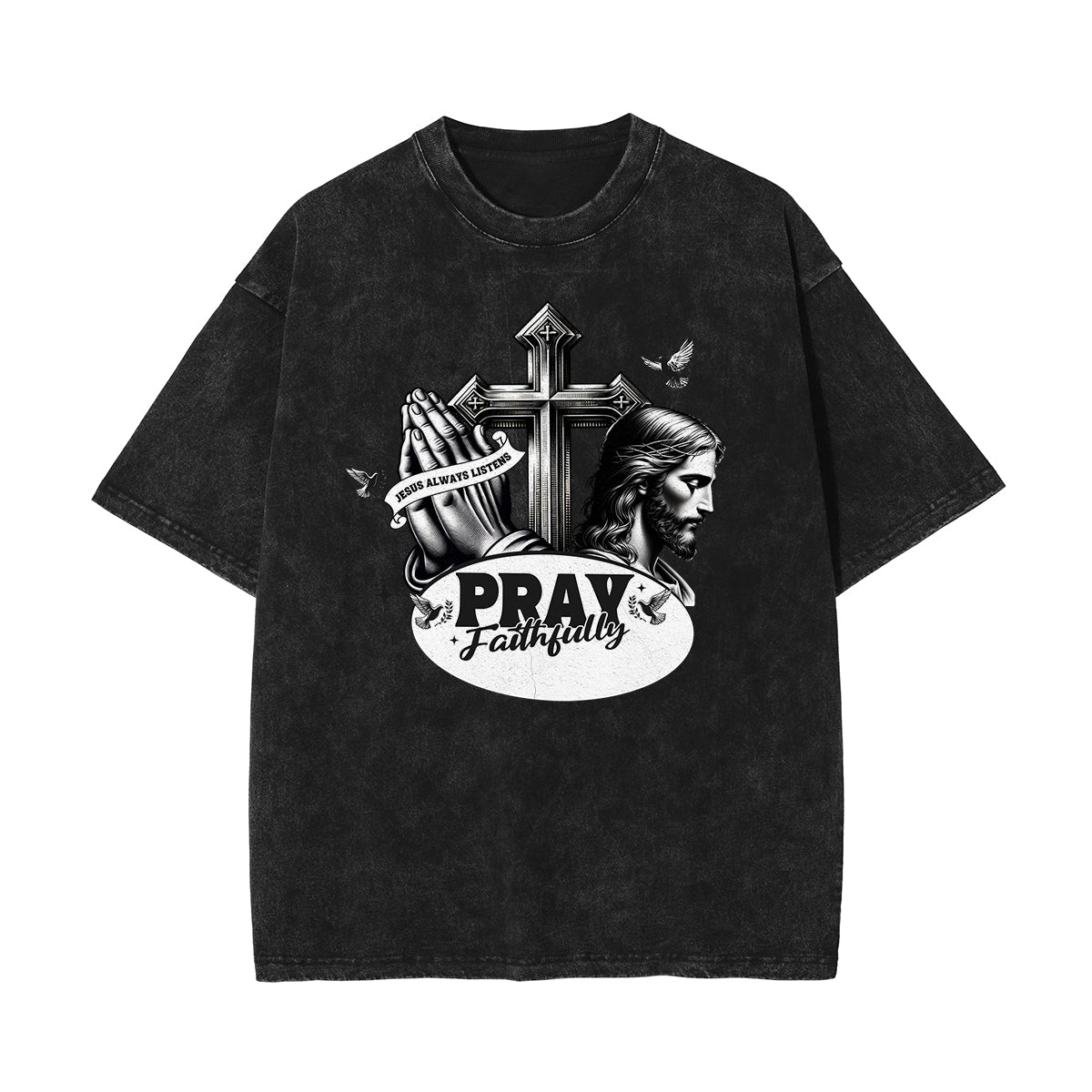 Stone Wash Jesus Pattern T Shirt