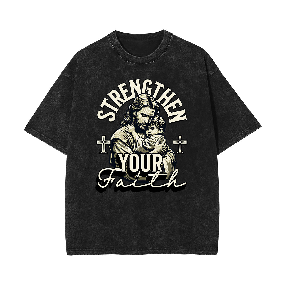 Stone Wash Jesus Pattern T Shirt
