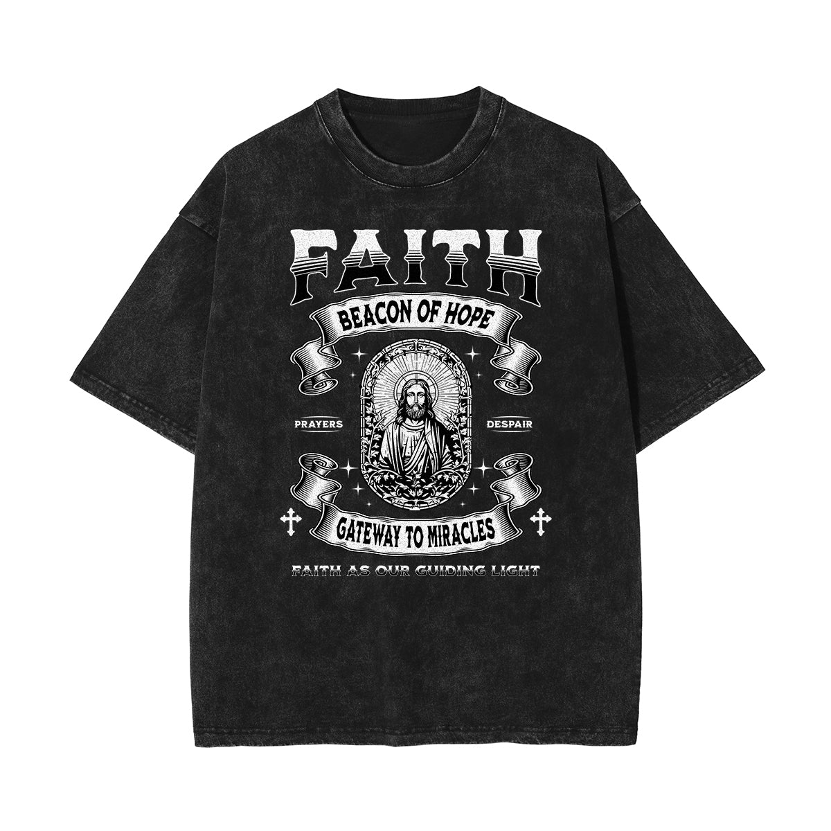 Stone Wash Jesus Pattern T Shirt