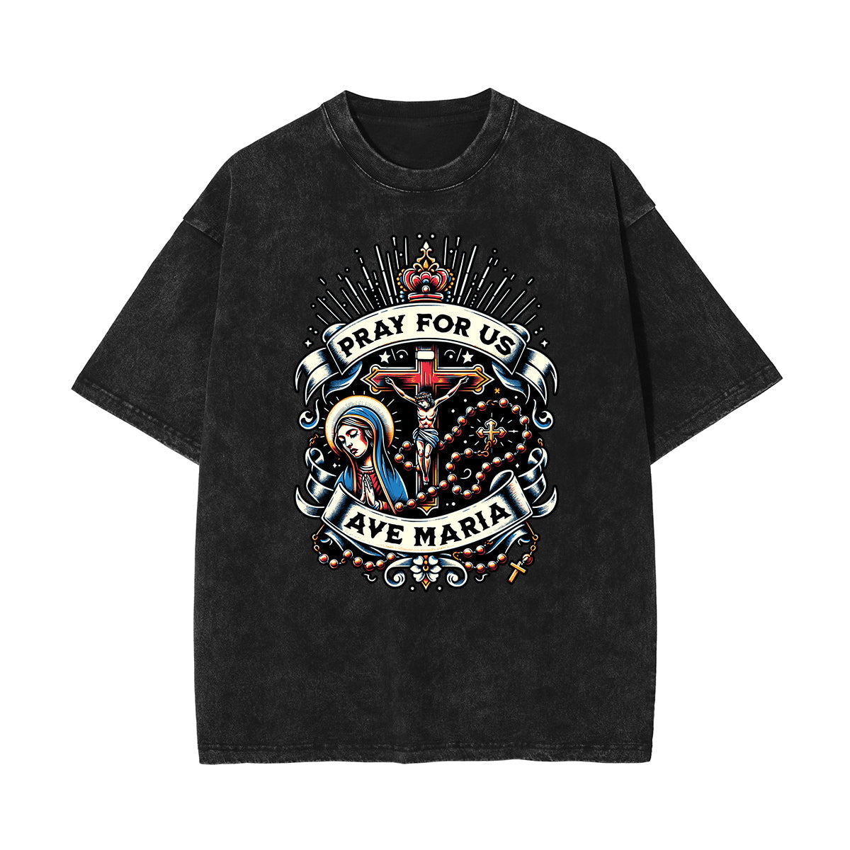 Stone Wash Jesus Pattern T Shirt
