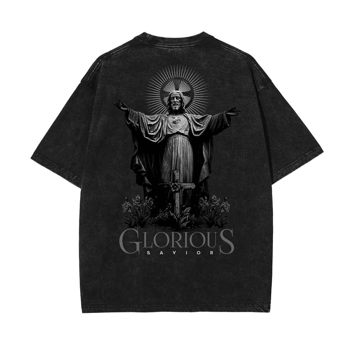 Stone Wash Jesus Pattern T Shirt