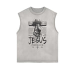Distressed Sleeveless Jesus Pattern Tee