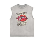 Distressed Sleeveless Red Lips Pattern Tee