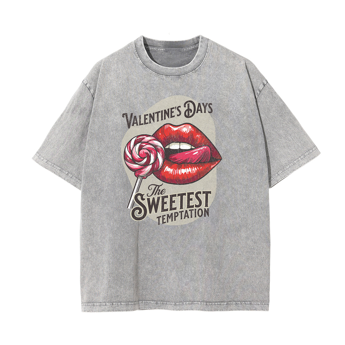 Stone Wash Red Lips Pattern T Shirt