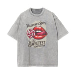 Stone Wash Red Lips Pattern T Shirt