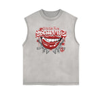 Distressed Sleeveless Red Lips Pattern Tee