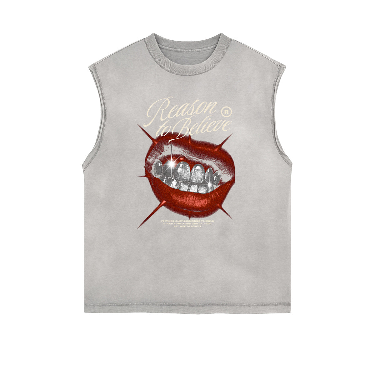 Distressed Sleeveless Red Lips Pattern Tee