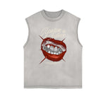 Distressed Sleeveless Red Lips Pattern Tee