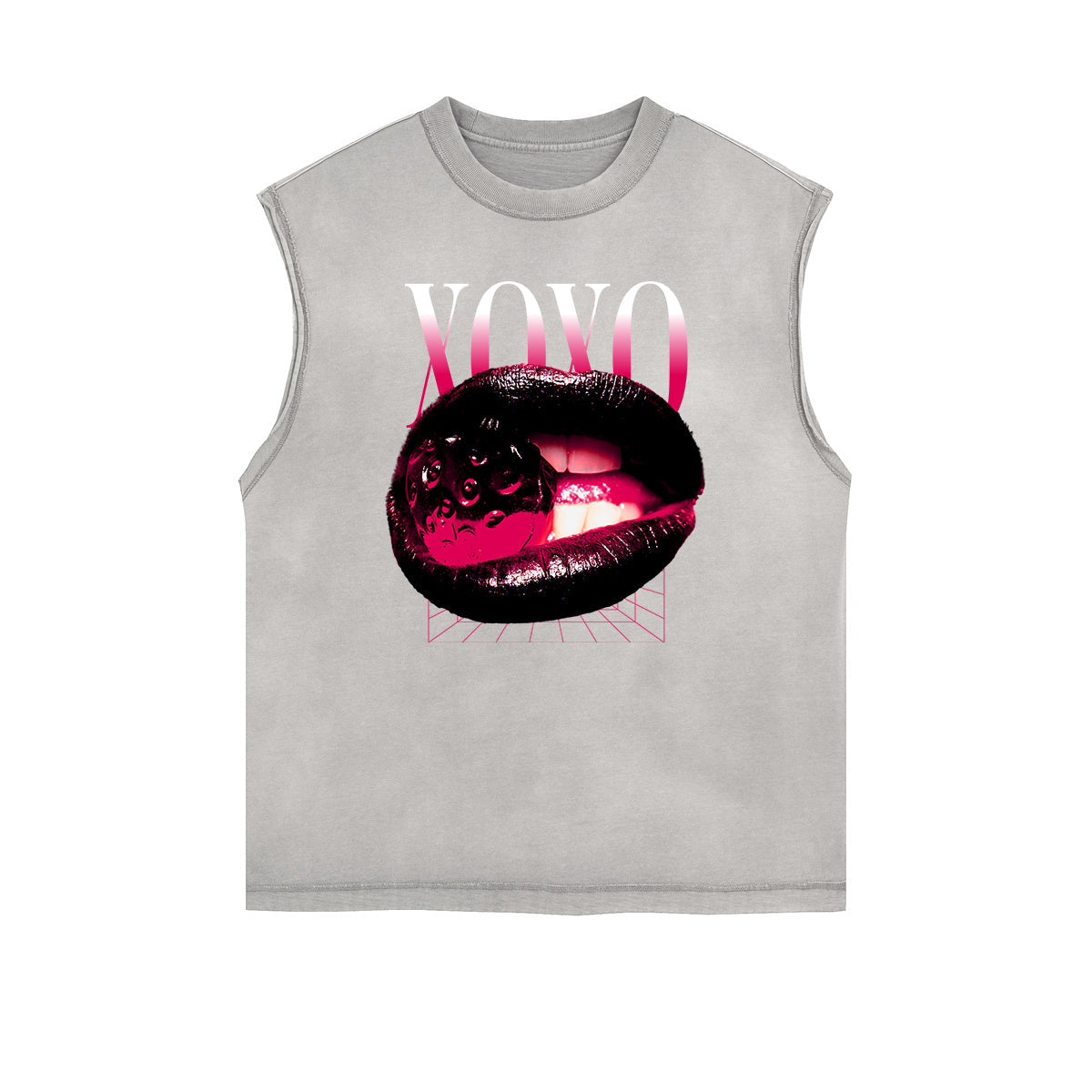 Distressed Sleeveless Red Lips Pattern Tee