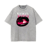 Stone Wash Red Lips Pattern T Shirt