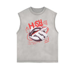 Distressed Sleeveless Red Lips Pattern Tee