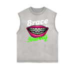 Distressed Sleeveless Red Lips Pattern Tee