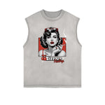 Distressed Sleeveless Red Lips Pattern Tee