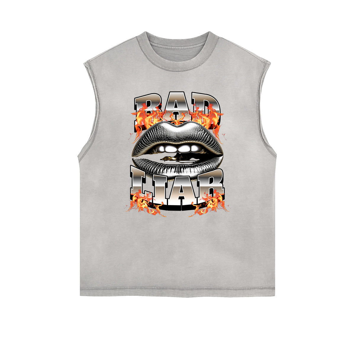 Distressed Sleeveless Red Lips Pattern Tee