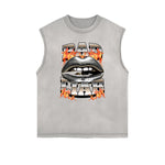 Distressed Sleeveless Red Lips Pattern Tee