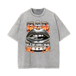 Stone Wash Red Lips Pattern T Shirt