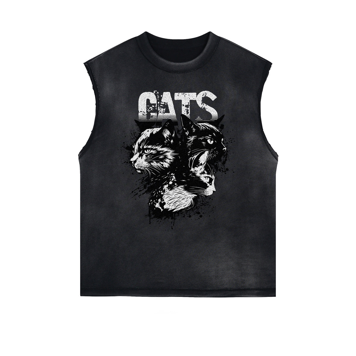 Distressed Sleeveless Cat Pattern Tee