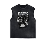 Distressed Sleeveless Cat Pattern Tee
