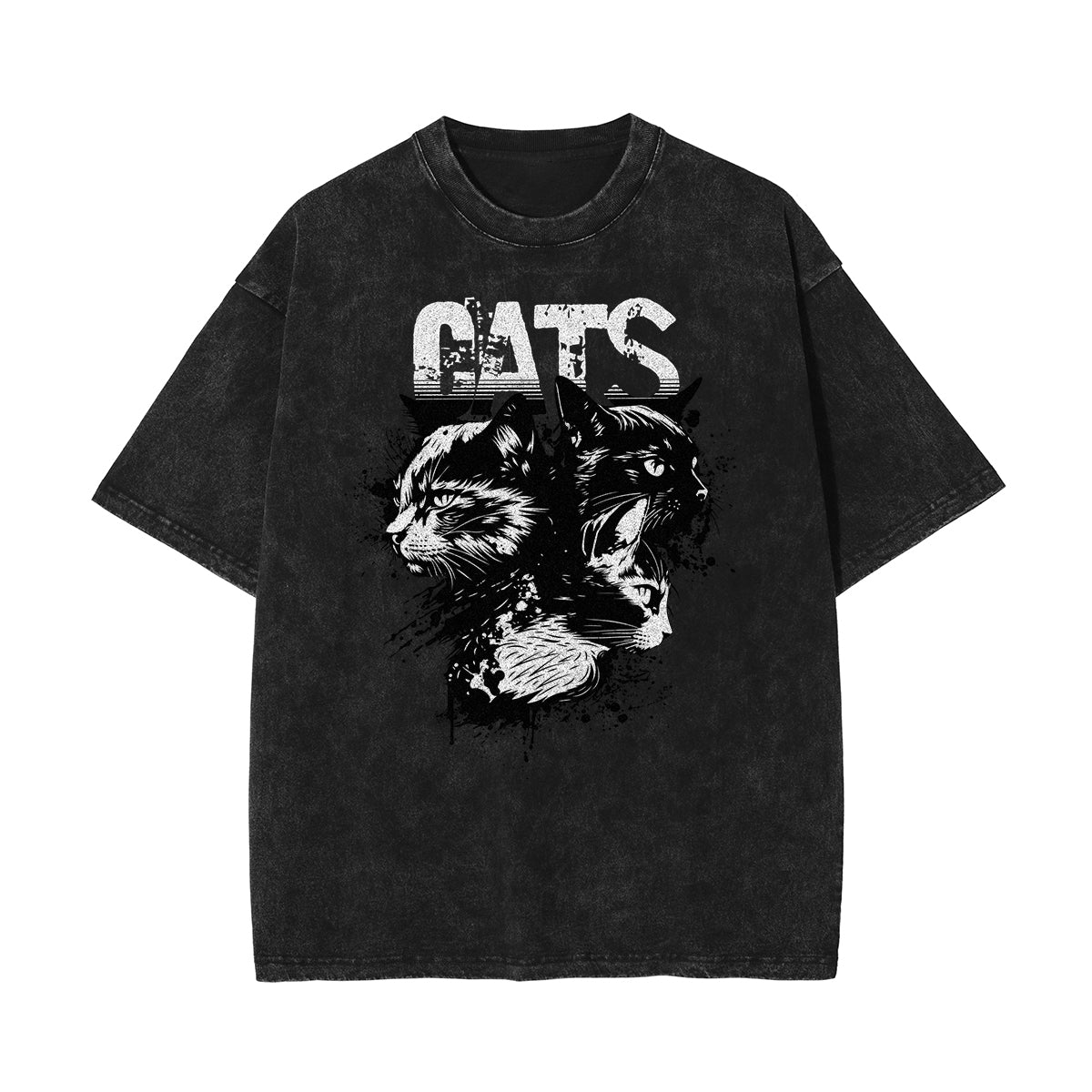 Stone Wash Cat Pattern T Shirt
