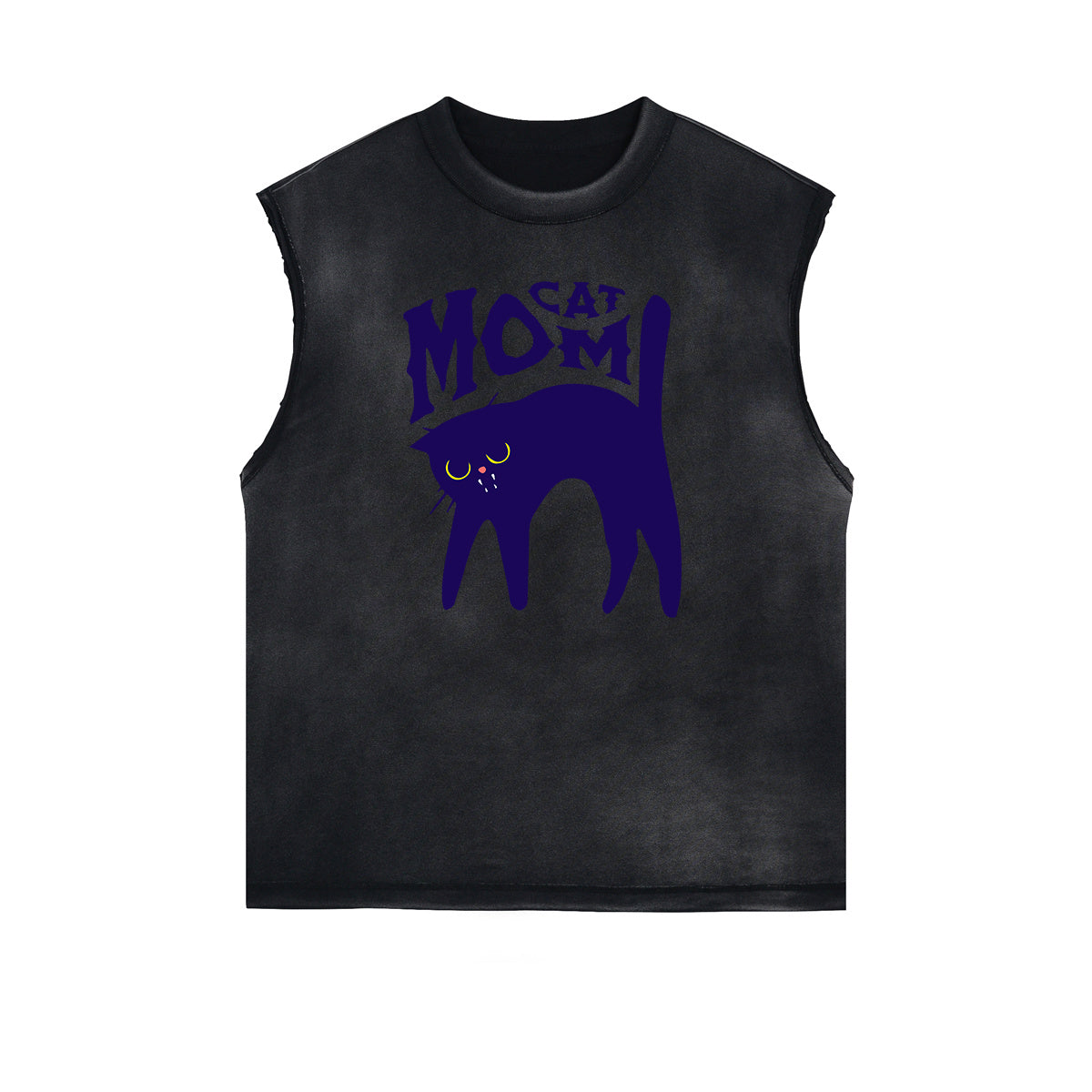 Distressed Sleeveless Cat Pattern Tee