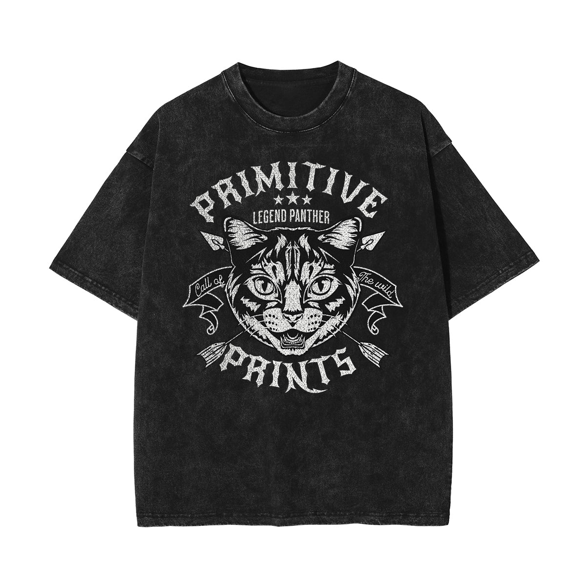 Stone Wash Cat Pattern T Shirt