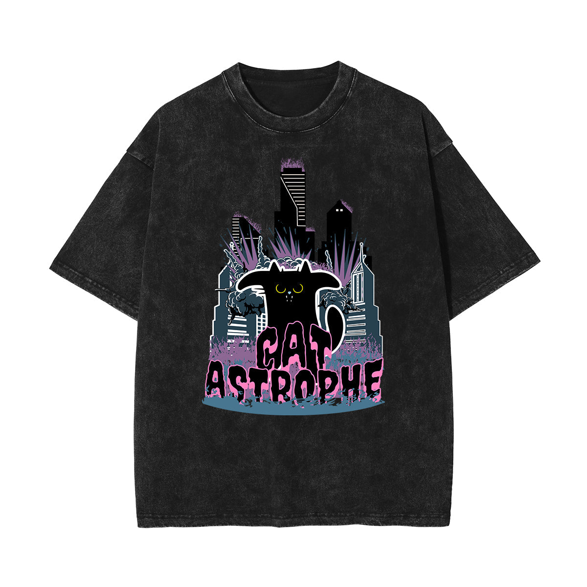 Stone Wash Cat Pattern T Shirt