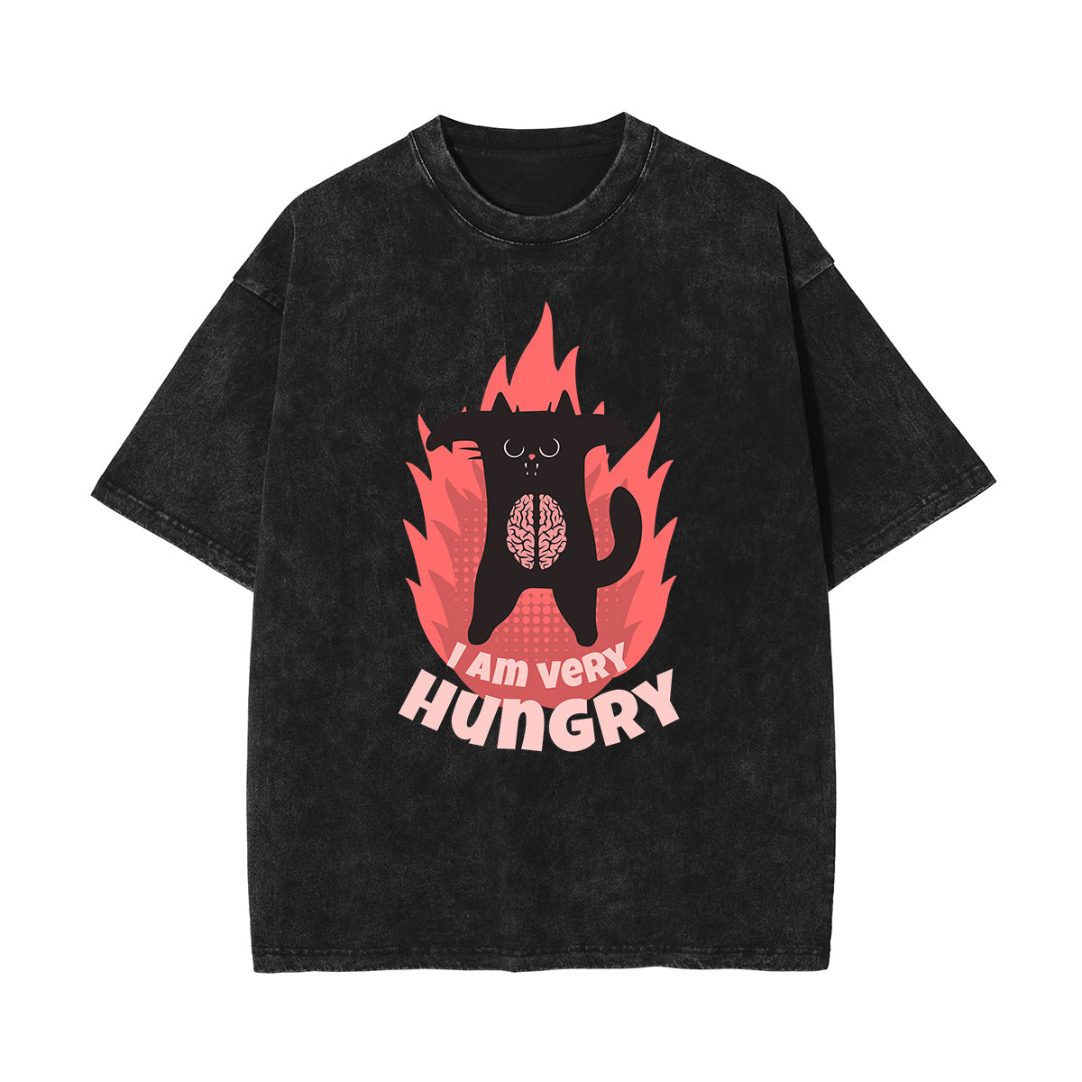 Stone Wash Cat Pattern T Shirt