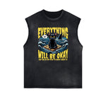Distressed Sleeveless Cat Pattern Tee