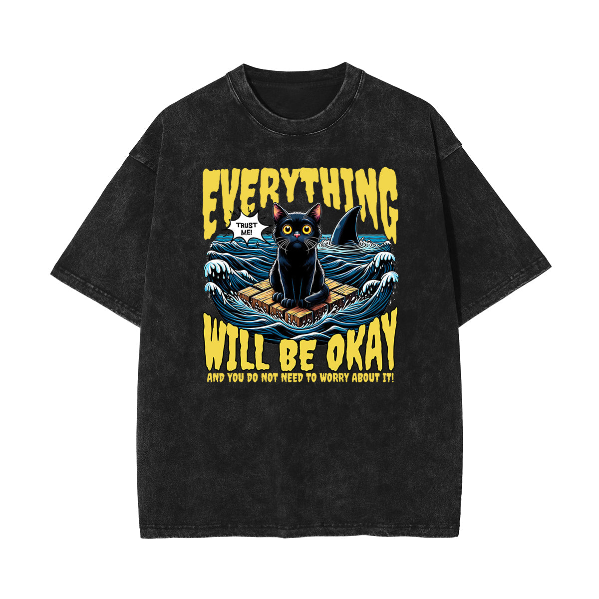 Stone Wash Cat Pattern T Shirt