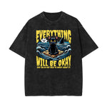 Stone Wash Cat Pattern T Shirt