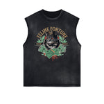 Distressed Sleeveless Cat Pattern Tee