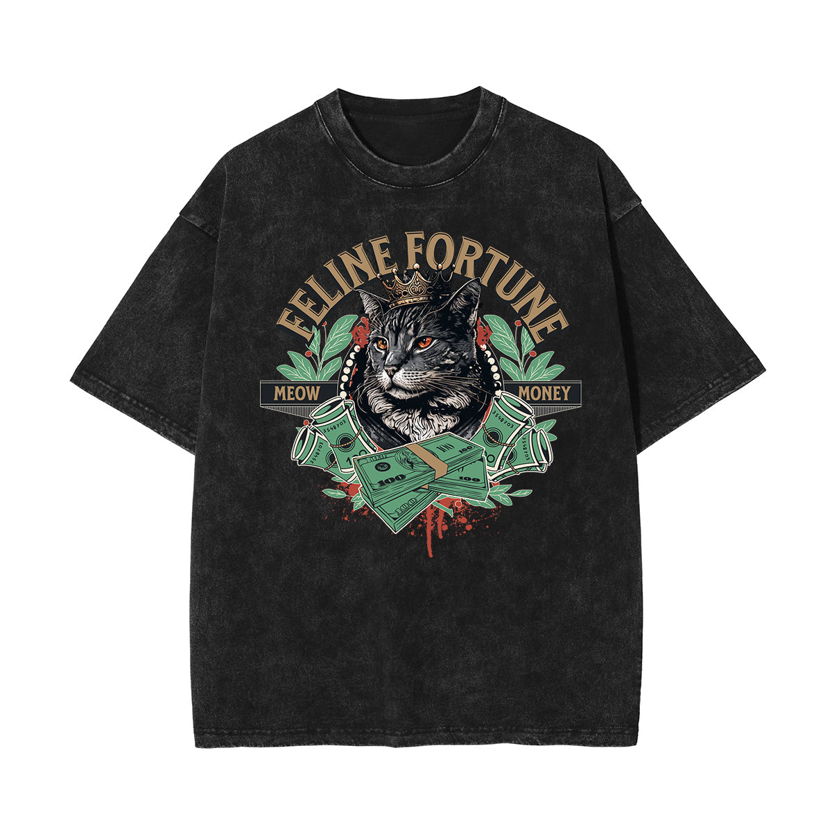 Stone Wash Cat Pattern T Shirt