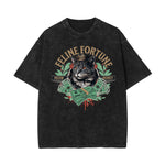 Stone Wash Cat Pattern T Shirt