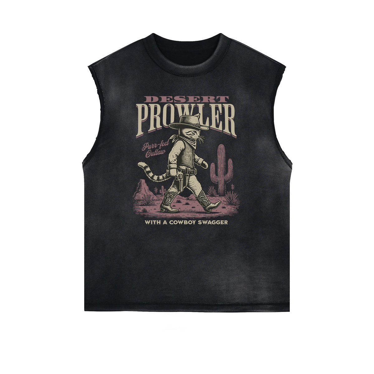 Distressed Sleeveless Cat Pattern Tee