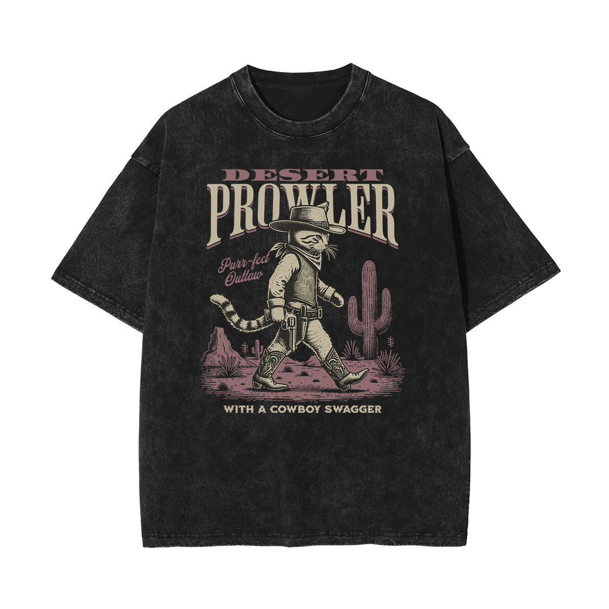 Stone Wash Cat Pattern T Shirt