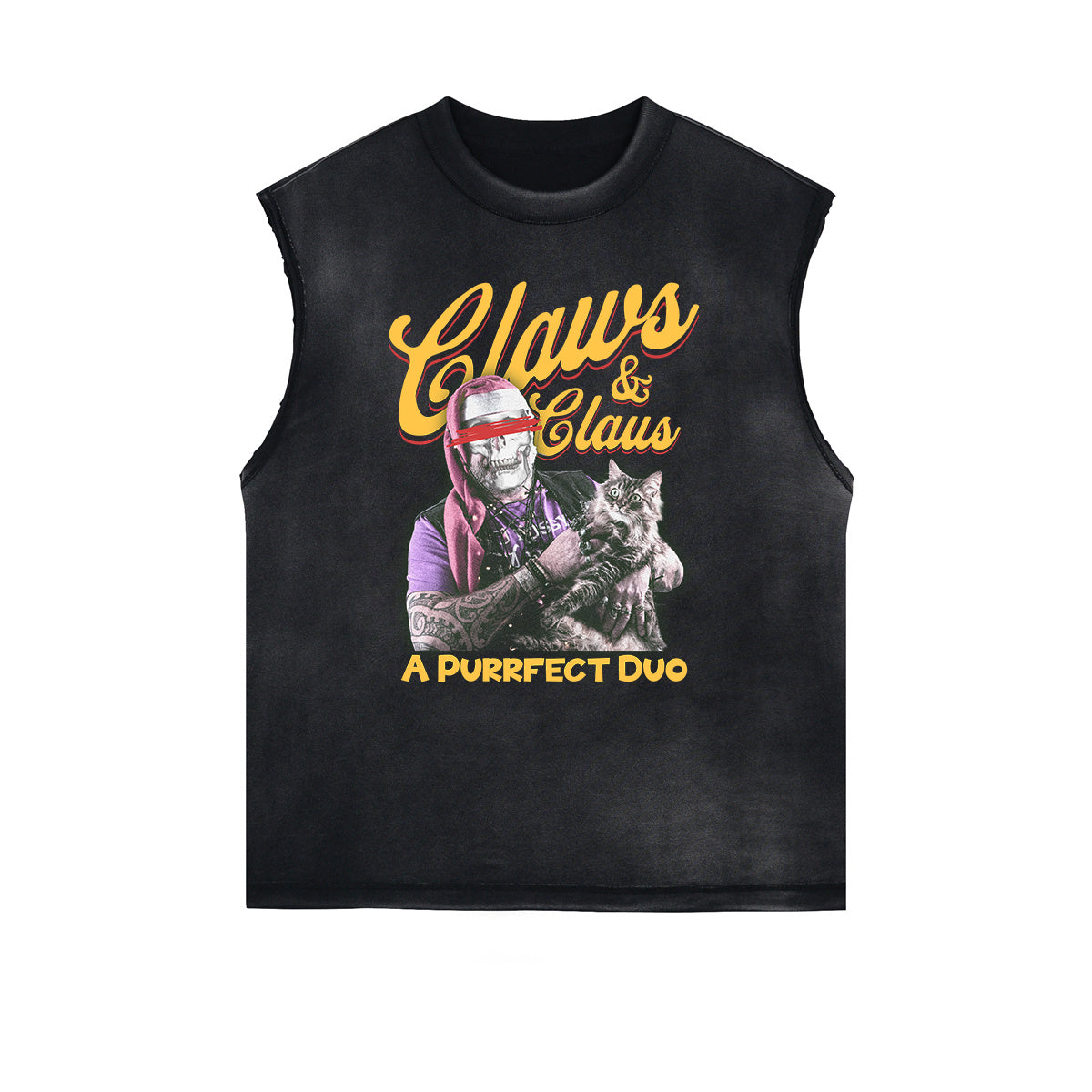 Distressed Sleeveless Cat Pattern Tee