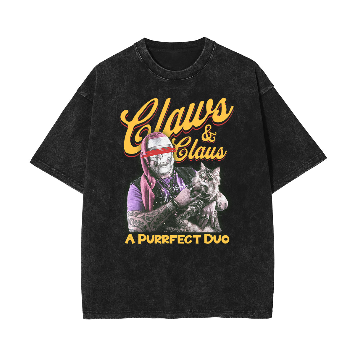 Stone Wash Cat Pattern T Shirt