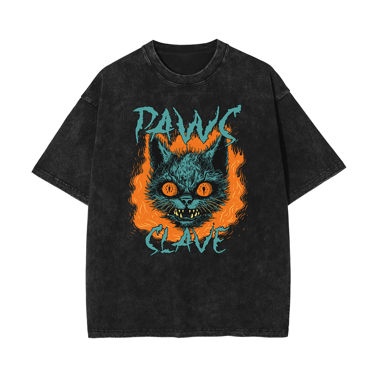 Stone Wash Cat Pattern T Shirt