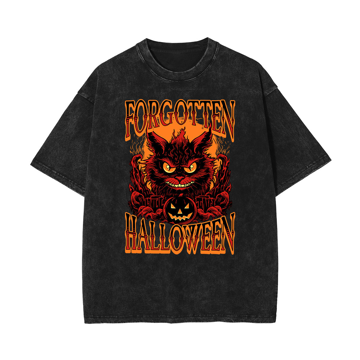 Stone Wash Cat Pattern T Shirt