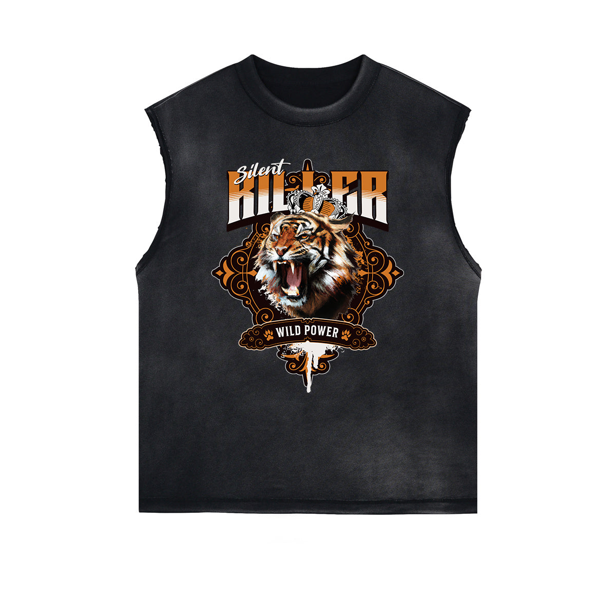 Distressed Sleeveless Tiger Pattern Tee