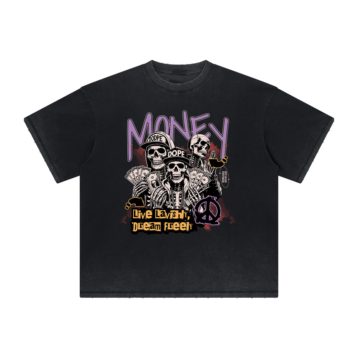 Vintage Frayed Skull & Money Pattern Tee