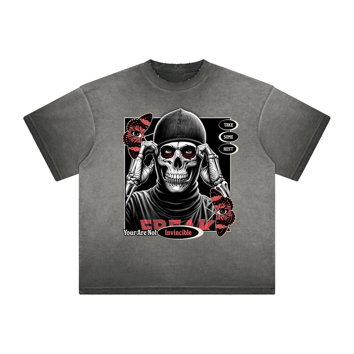 Thick Faded Skull & Money Graphic T Shirt