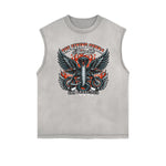 Distressed Sleeveless Winged Monster Pattern Tee