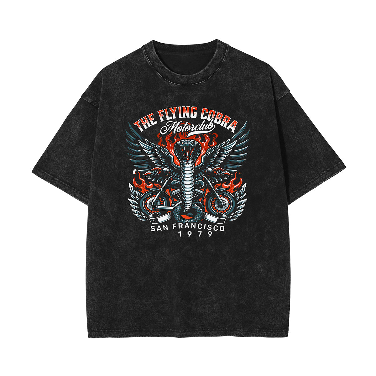 Stone Wash Winged Monster Pattern T Shirt
