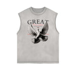 Distressed Sleeveless Winged Monster Pattern Tee