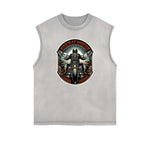 Distressed Sleeveless Winged Monster Pattern Tee