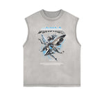 Distressed Sleeveless Winged Monster Pattern Tee