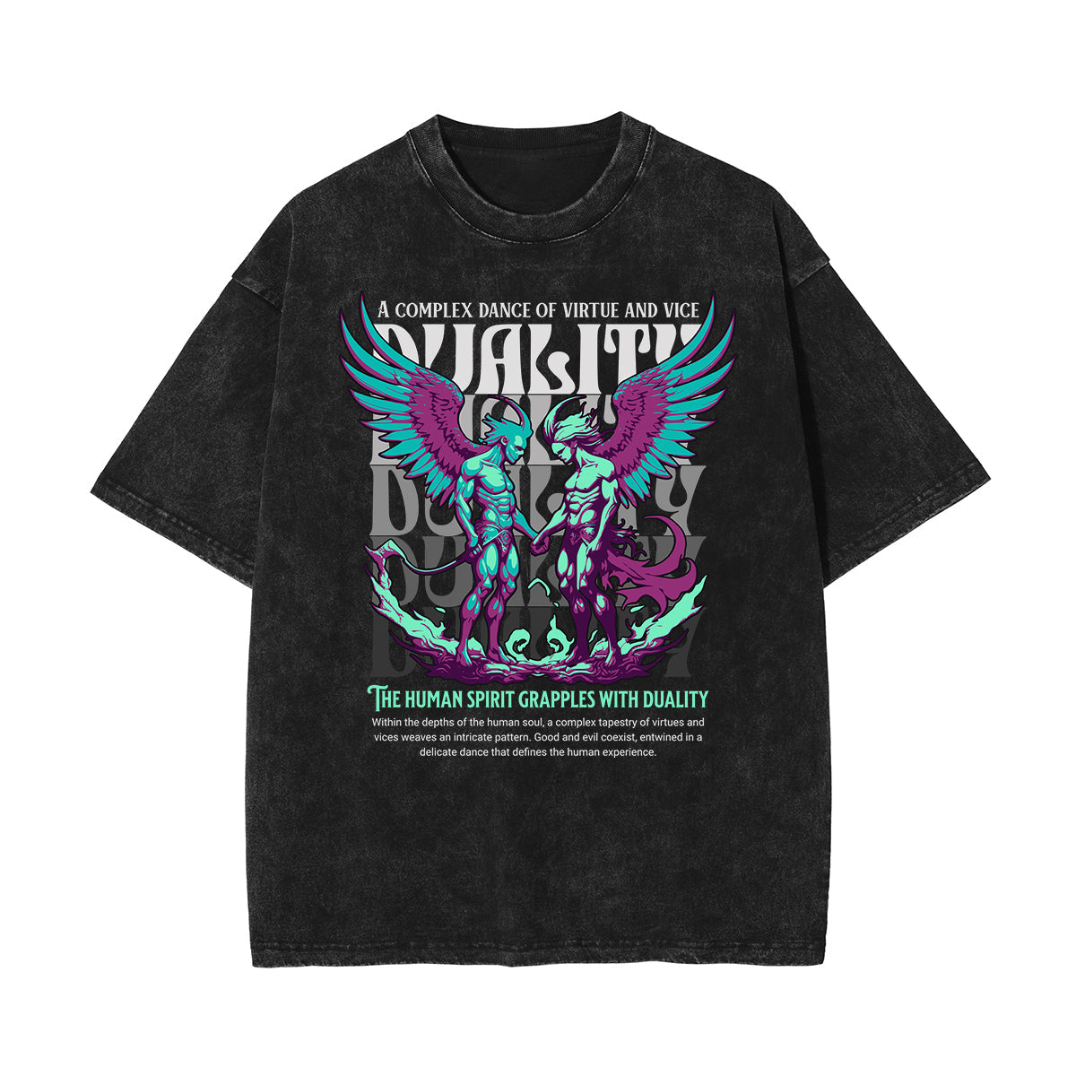 Stone Wash Winged Monster Pattern T Shirt