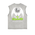 Distressed Sleeveless Winged Monster Pattern Tee